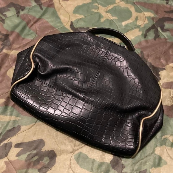 Black croc pattern hand bag silver gold sun accents man made y2k - Picture 4 of 6